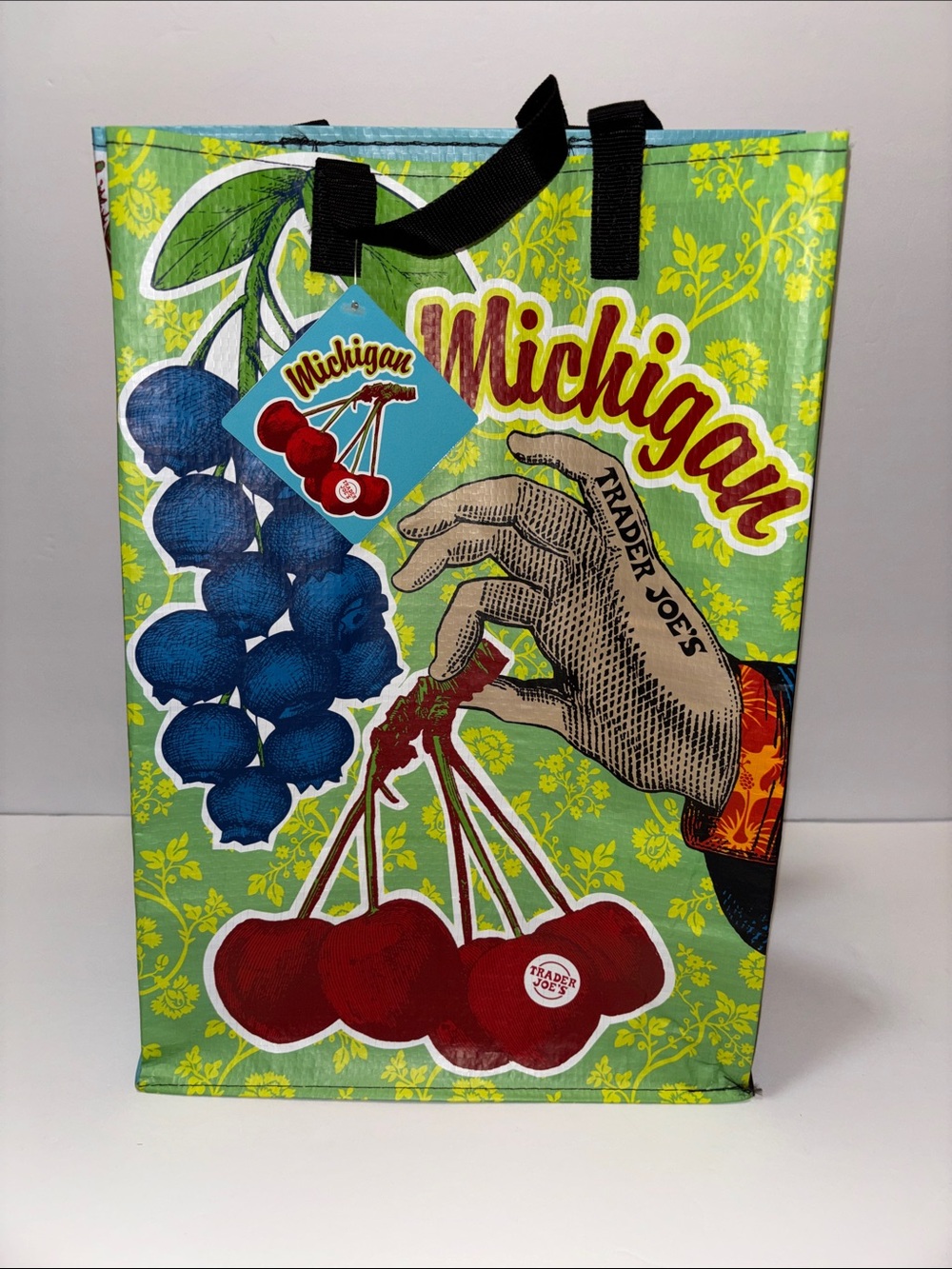 Trader Joe's Michigan Cherry Tote - Green Floral Shopper